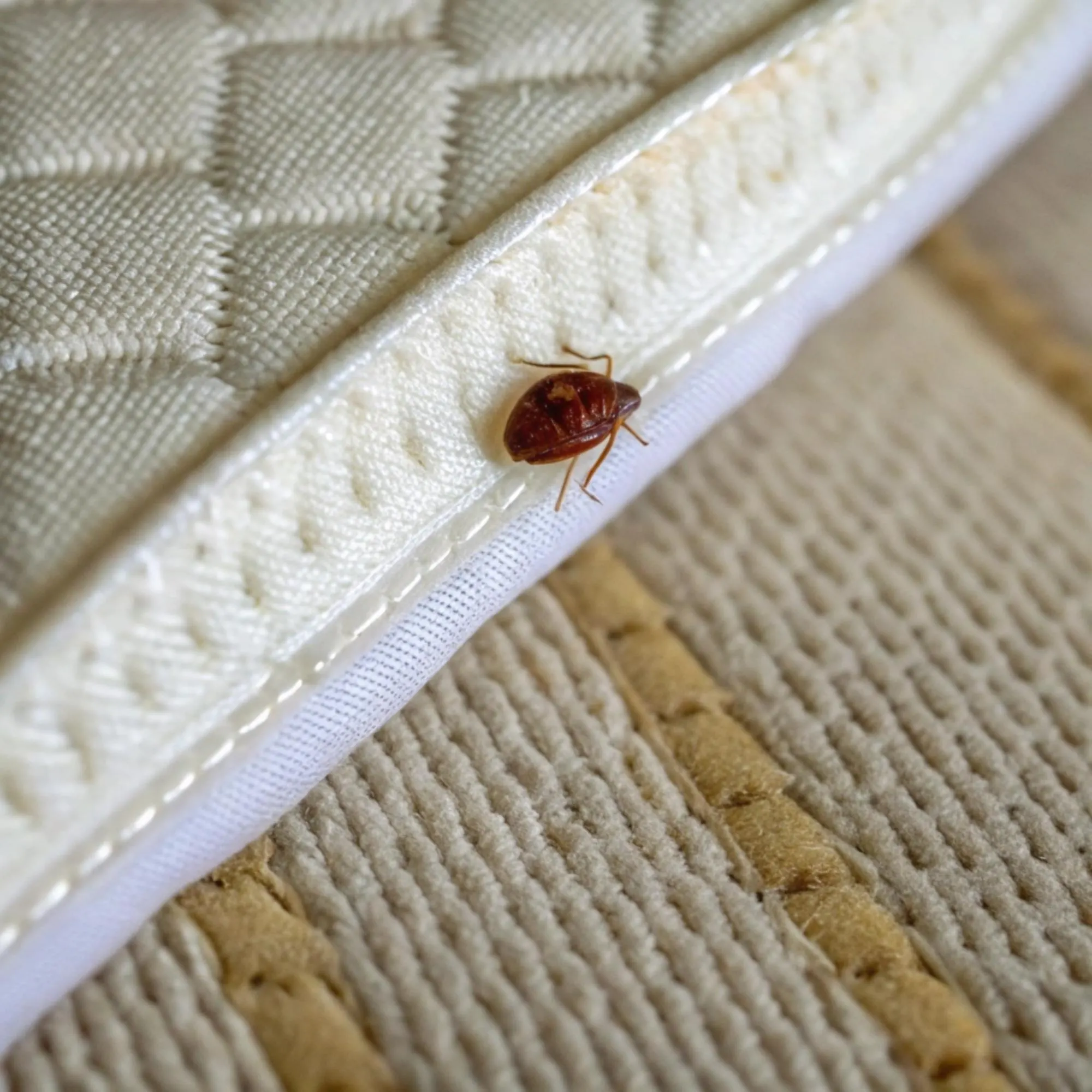 Bed bug on the quilted edge of a mattress above a carpeted floor