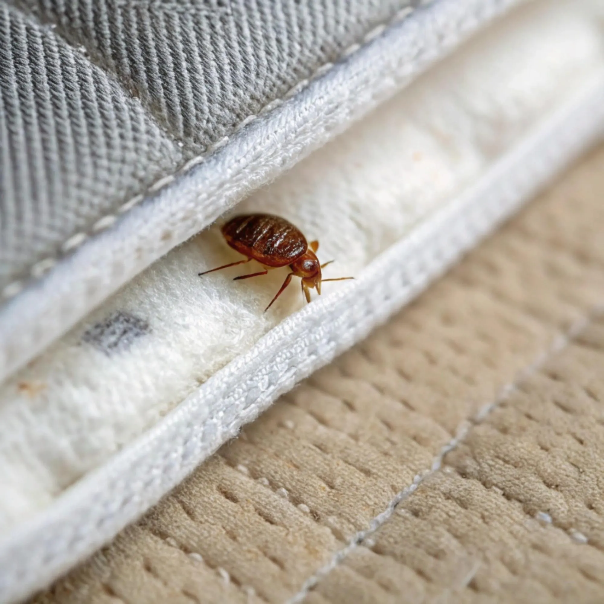Bed bug emerging from the seam of a mattress