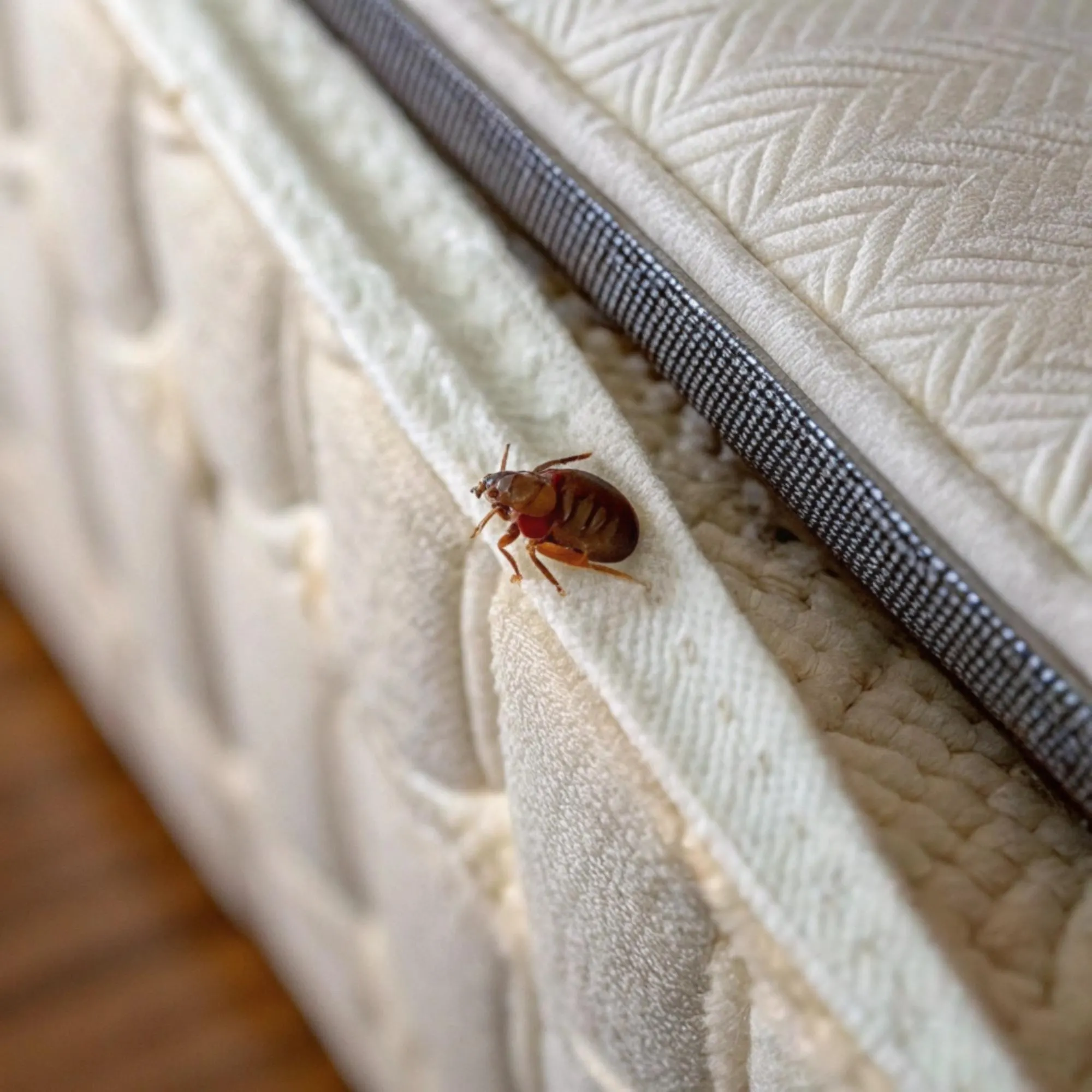 Close inspection of a mattress seam during a bed bug treatment
