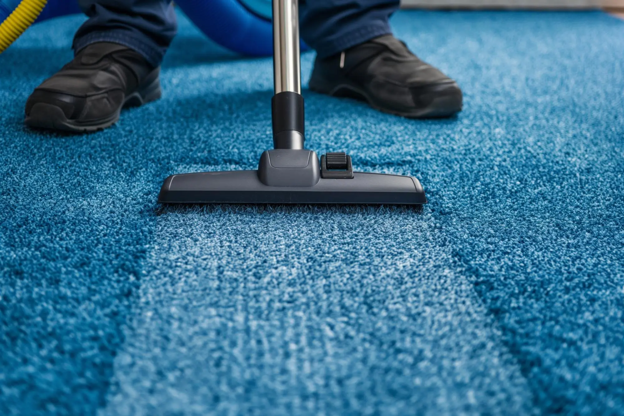 Extraction wand drawing dirt out of a blue carpet