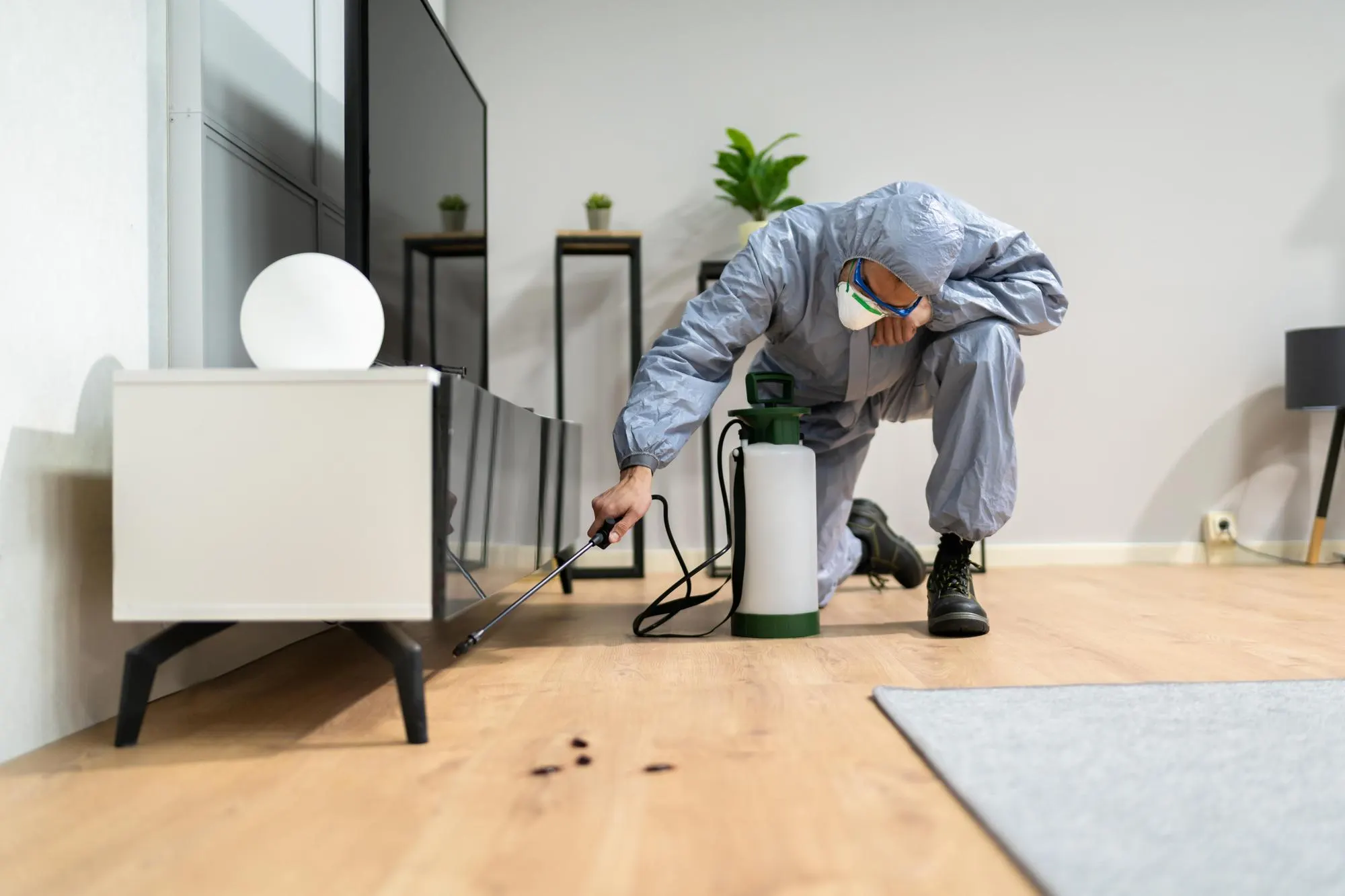 Technician treating for cockroaches beside a living room cabinet